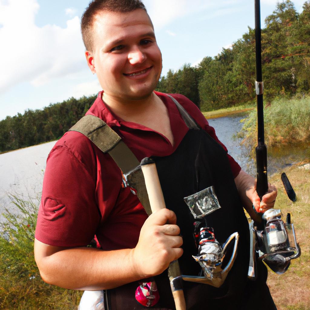 Person holding fishing equipment, smiling