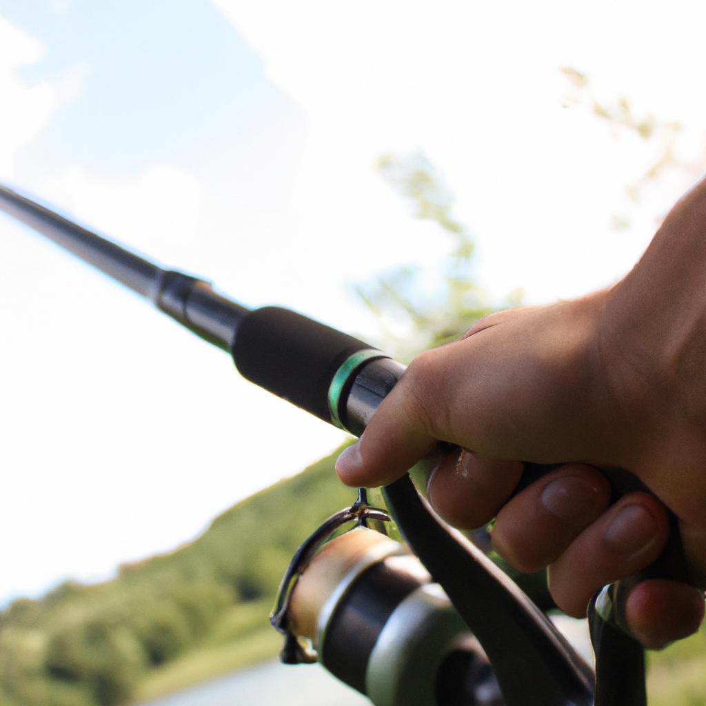 Person holding fishing rod, equipment