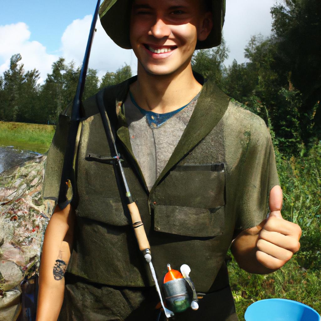 Person holding fishing equipment, smiling