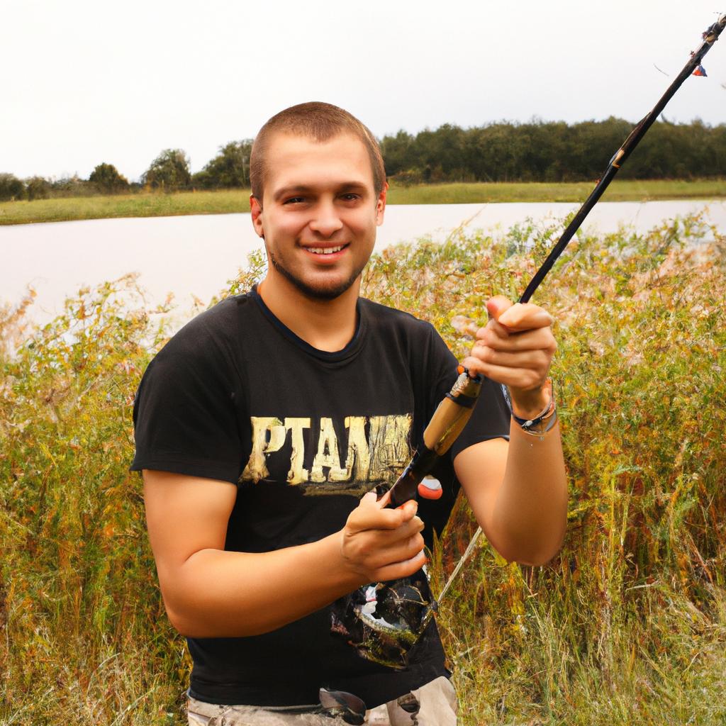 Person holding fishing rod, smiling